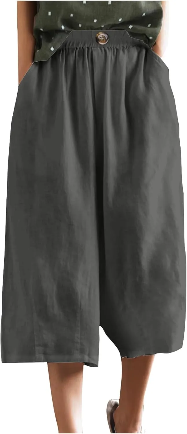 Linen Capri Pants for Women Wide Leg Elastic Waist Lounge Capris Baggy Lightweight Casual Summer Cropped Trouser 2025