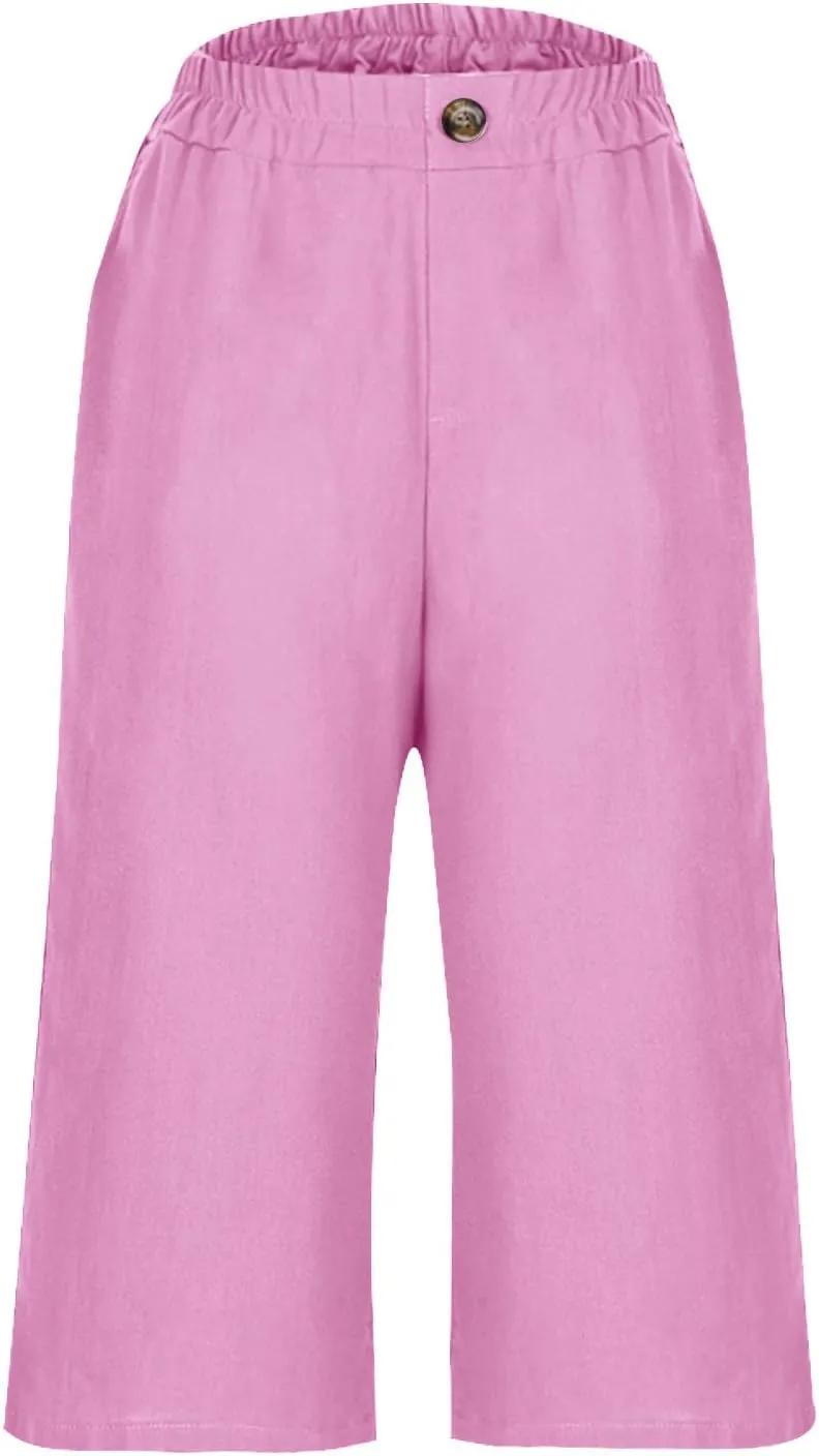 Linen Capri Pants for Women Wide Leg Elastic Waist Lounge Capris Baggy Lightweight Casual Summer Cropped Trouser 2025
