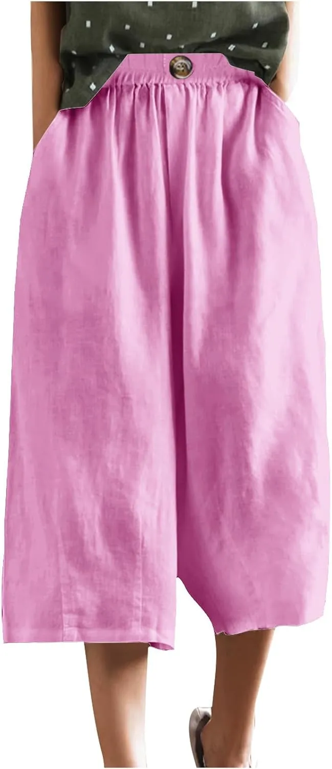 Linen Capri Pants for Women Wide Leg Elastic Waist Lounge Capris Baggy Lightweight Casual Summer Cropped Trouser 2025