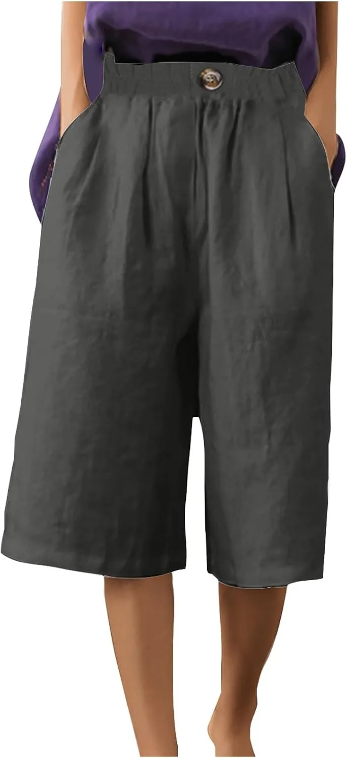 Linen Capri Pants for Women Wide Leg Elastic Waist Lounge Capris Baggy Lightweight Casual Summer Cropped Trouser 2025