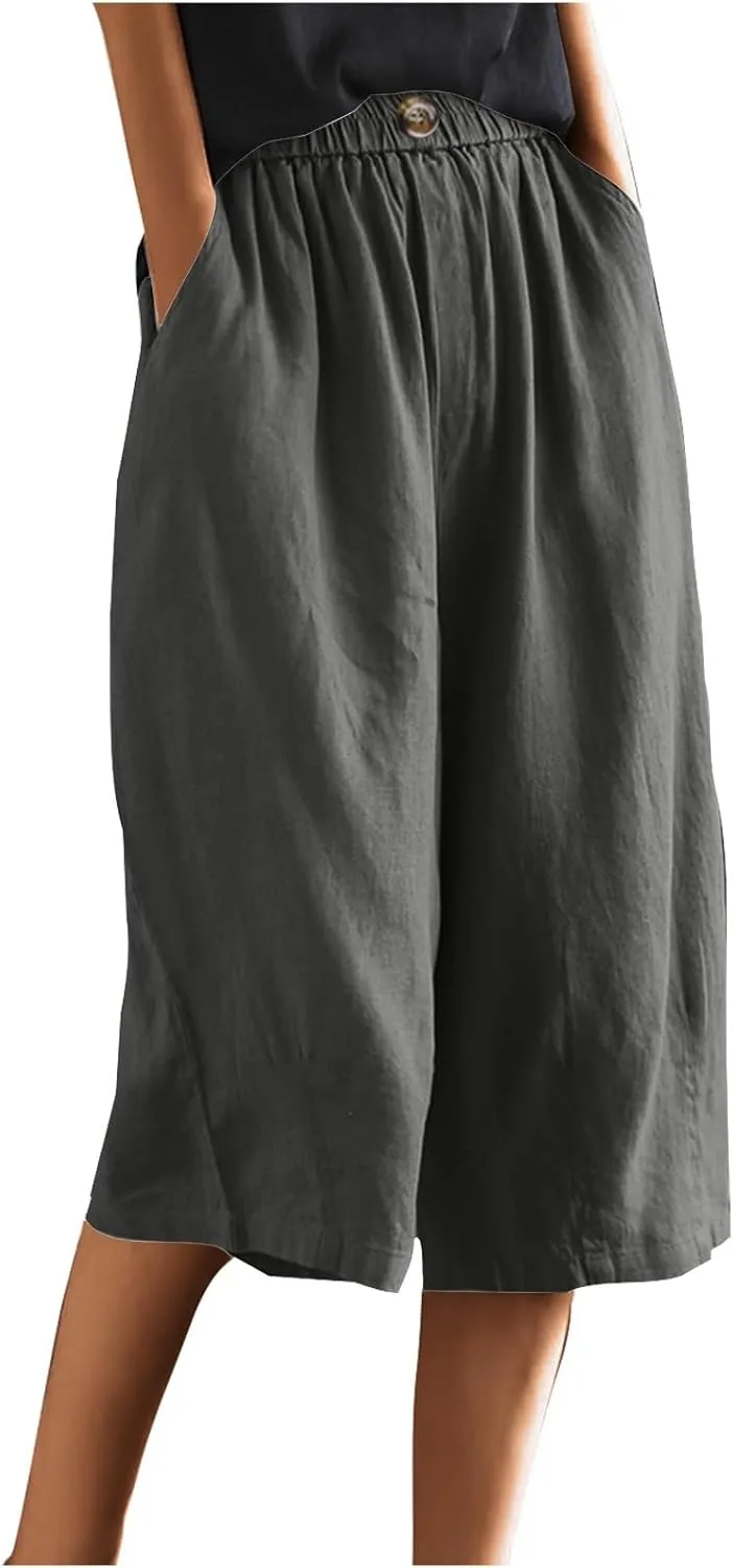 Linen Capri Pants for Women Wide Leg Elastic Waist Lounge Capris Baggy Lightweight Casual Summer Cropped Trouser 2025