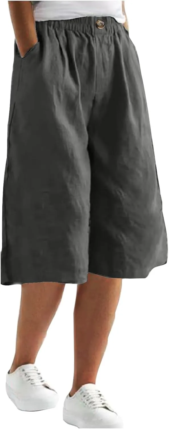 Linen Capri Pants for Women Wide Leg Elastic Waist Lounge Capris Baggy Lightweight Casual Summer Cropped Trouser 2025