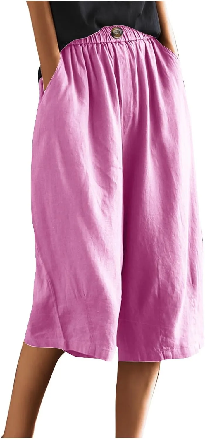 Linen Capri Pants for Women Wide Leg Elastic Waist Lounge Capris Baggy Lightweight Casual Summer Cropped Trouser 2025