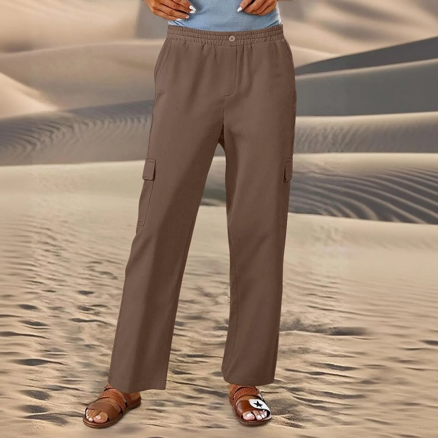 Linen Cargo Pants Women Beach Flowy Wide Leg Pants Casual Summer Elastic High Waisted Cargo Pants with Pockets
