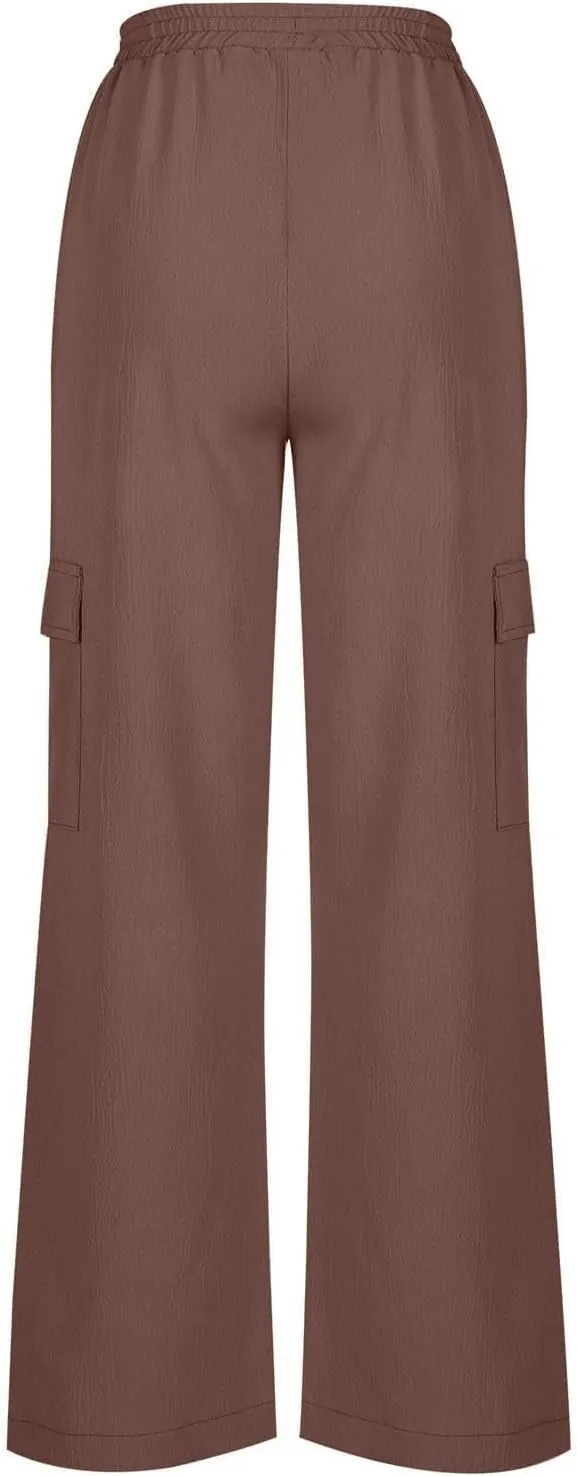 Linen Cargo Pants Women Beach Flowy Wide Leg Pants Casual Summer Elastic High Waisted Cargo Pants with Pockets