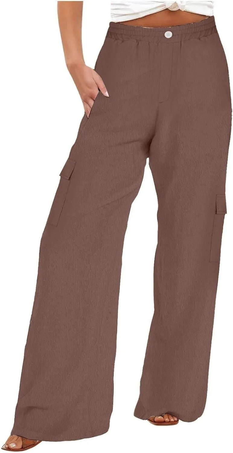 Linen Cargo Pants Women Beach Flowy Wide Leg Pants Casual Summer Elastic High Waisted Cargo Pants with Pockets