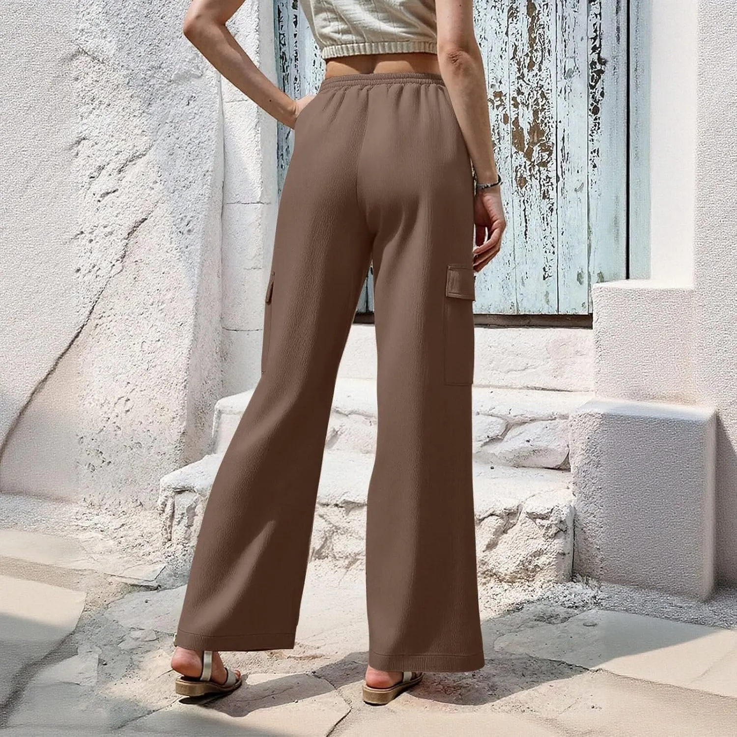 Linen Cargo Pants Women Beach Flowy Wide Leg Pants Casual Summer Elastic High Waisted Cargo Pants with Pockets
