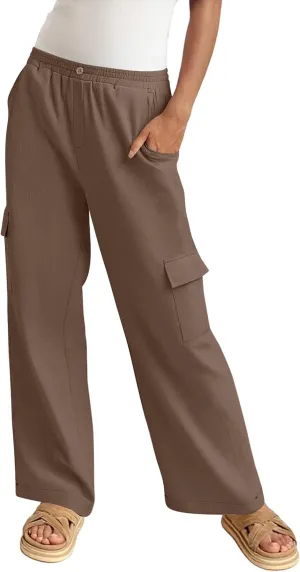 Linen Cargo Pants Women Beach Flowy Wide Leg Pants Casual Summer Elastic High Waisted Cargo Pants with Pockets