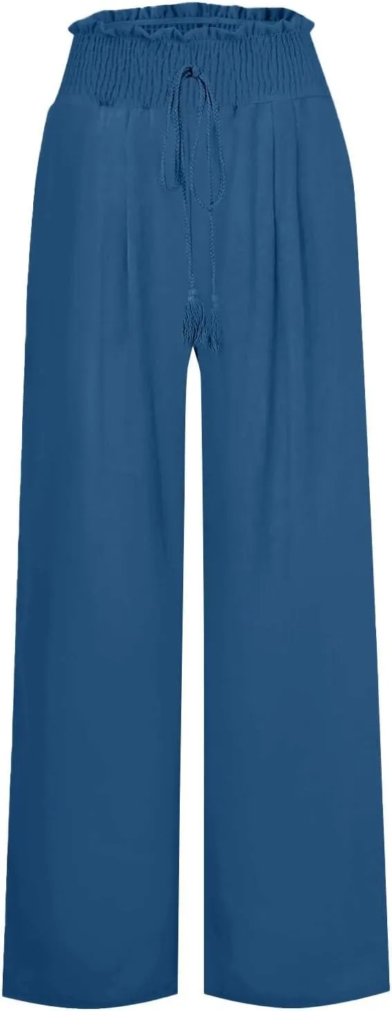Linen Palazzo Pants Women Summer High Drawstring Waist Wide Leg Pants Linen Casual Beach Long Clothes with Pockets