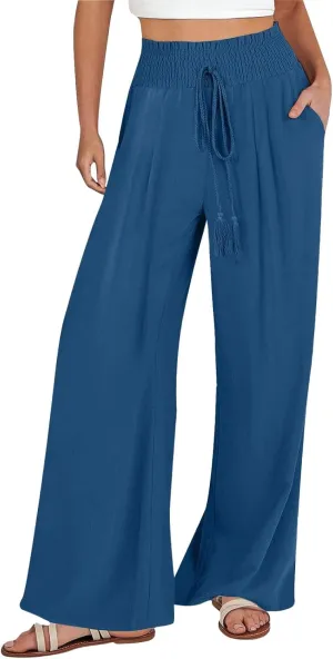 Linen Palazzo Pants Women Summer High Drawstring Waist Wide Leg Pants Linen Casual Beach Long Clothes with Pockets