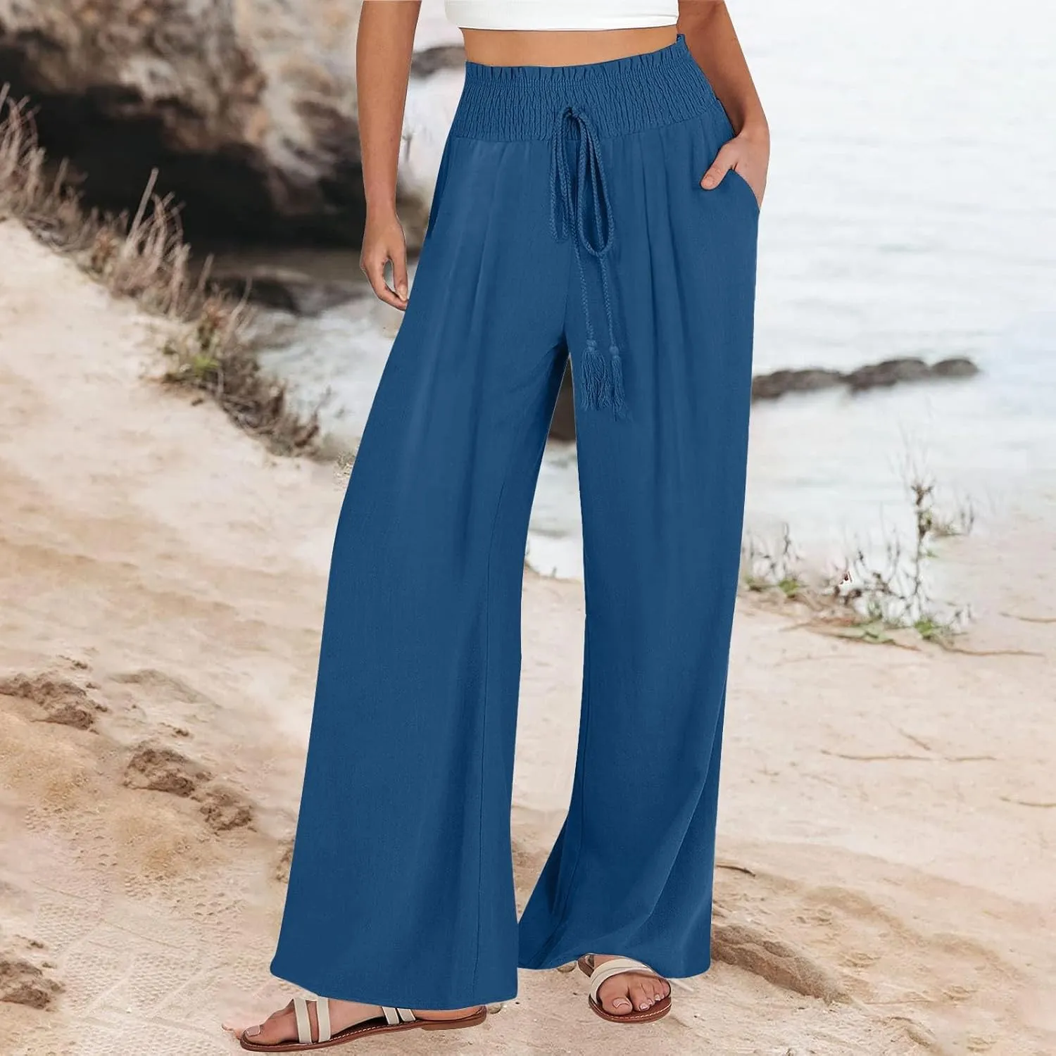 Linen Palazzo Pants Women Summer High Drawstring Waist Wide Leg Pants Linen Casual Beach Long Clothes with Pockets