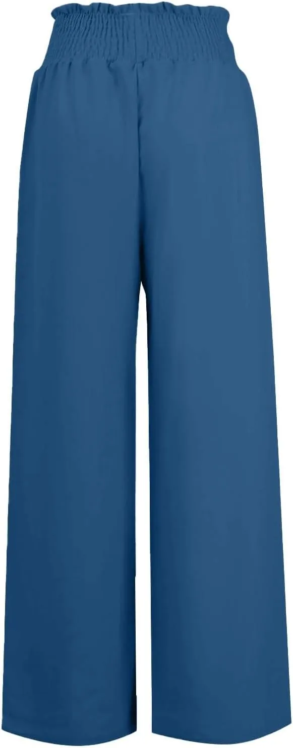 Linen Palazzo Pants Women Summer High Drawstring Waist Wide Leg Pants Linen Casual Beach Long Clothes with Pockets