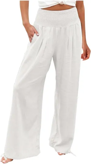 Linen Pant for Women High Wide Waisted Casual Petite Corseted Waist Fashion Flowy Solid Color Trouser with Pocket