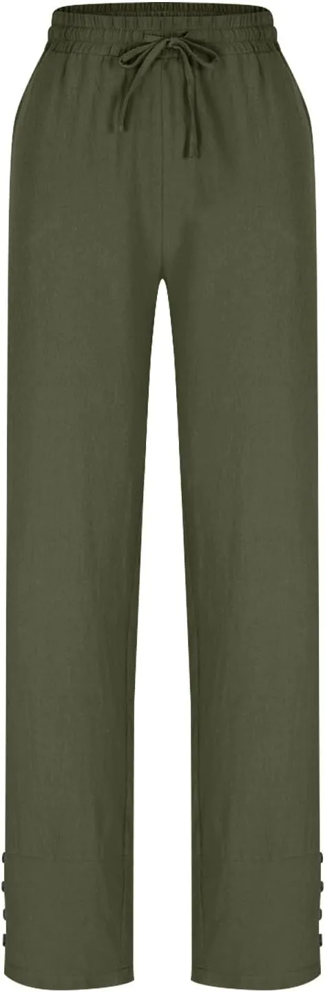 Linen Pants 2025 Women Summer Casual Wide Leg Pants Solid Color Drawstring Elastic Waist Trousers with Pockets