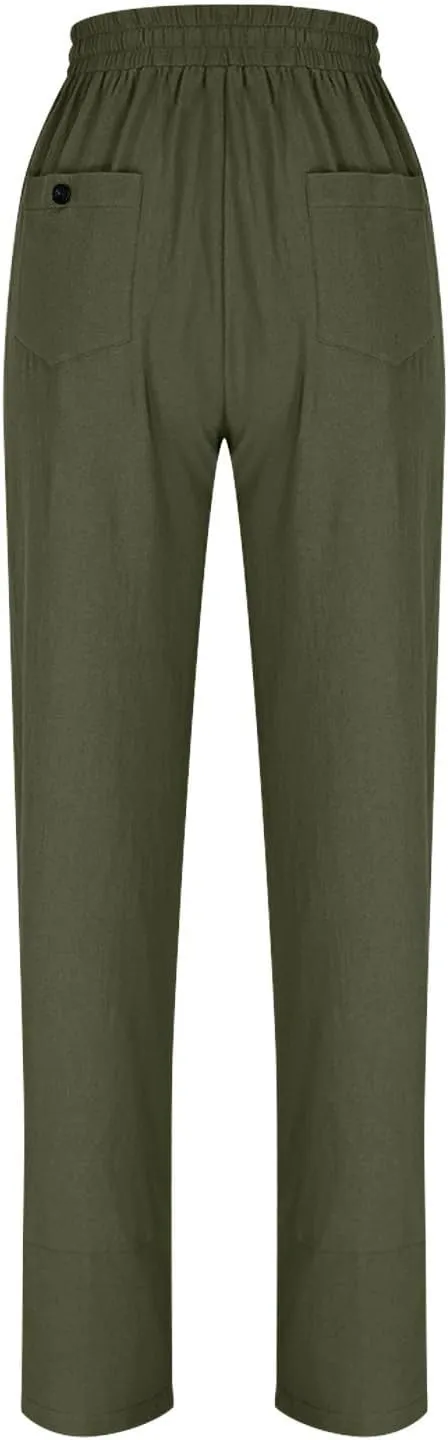 Linen Pants 2025 Women Summer Casual Wide Leg Pants Solid Color Drawstring Elastic Waist Trousers with Pockets