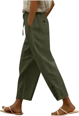 Linen Pants 2025 Women Summer Casual Wide Leg Pants Solid Color Drawstring Elastic Waist Trousers with Pockets