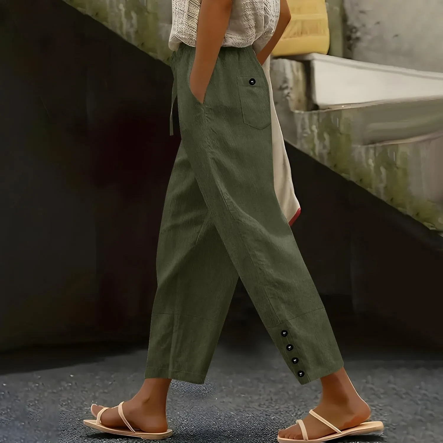 Linen Pants 2025 Women Summer Casual Wide Leg Pants Solid Color Drawstring Elastic Waist Trousers with Pockets