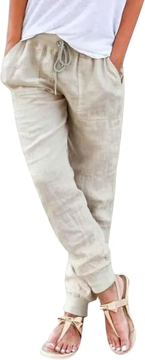 Linen Pants for Women Casual 2024 Summer Drawstring Elastic High Waist Palazzo Pants Straight Wide Leg Lounge
