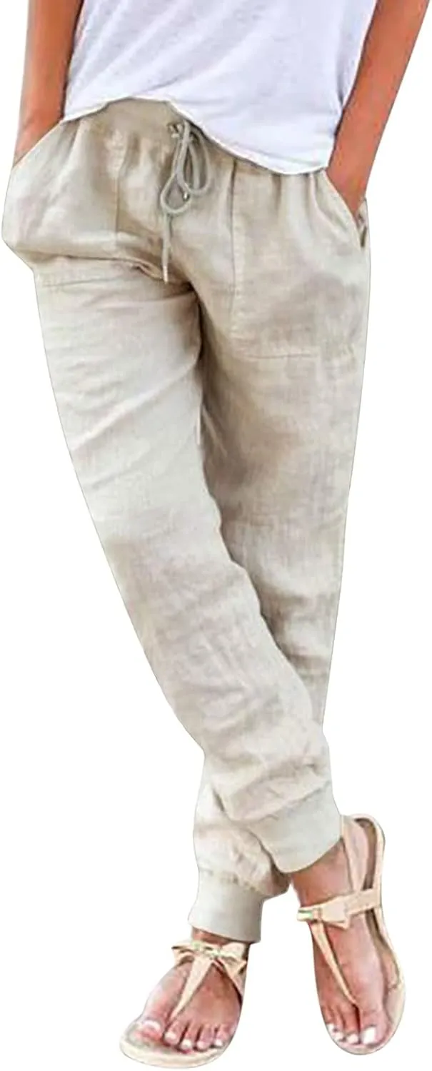 Linen Pants for Women Casual 2024 Summer Drawstring Elastic High Waist Palazzo Pants Straight Wide Leg Lounge