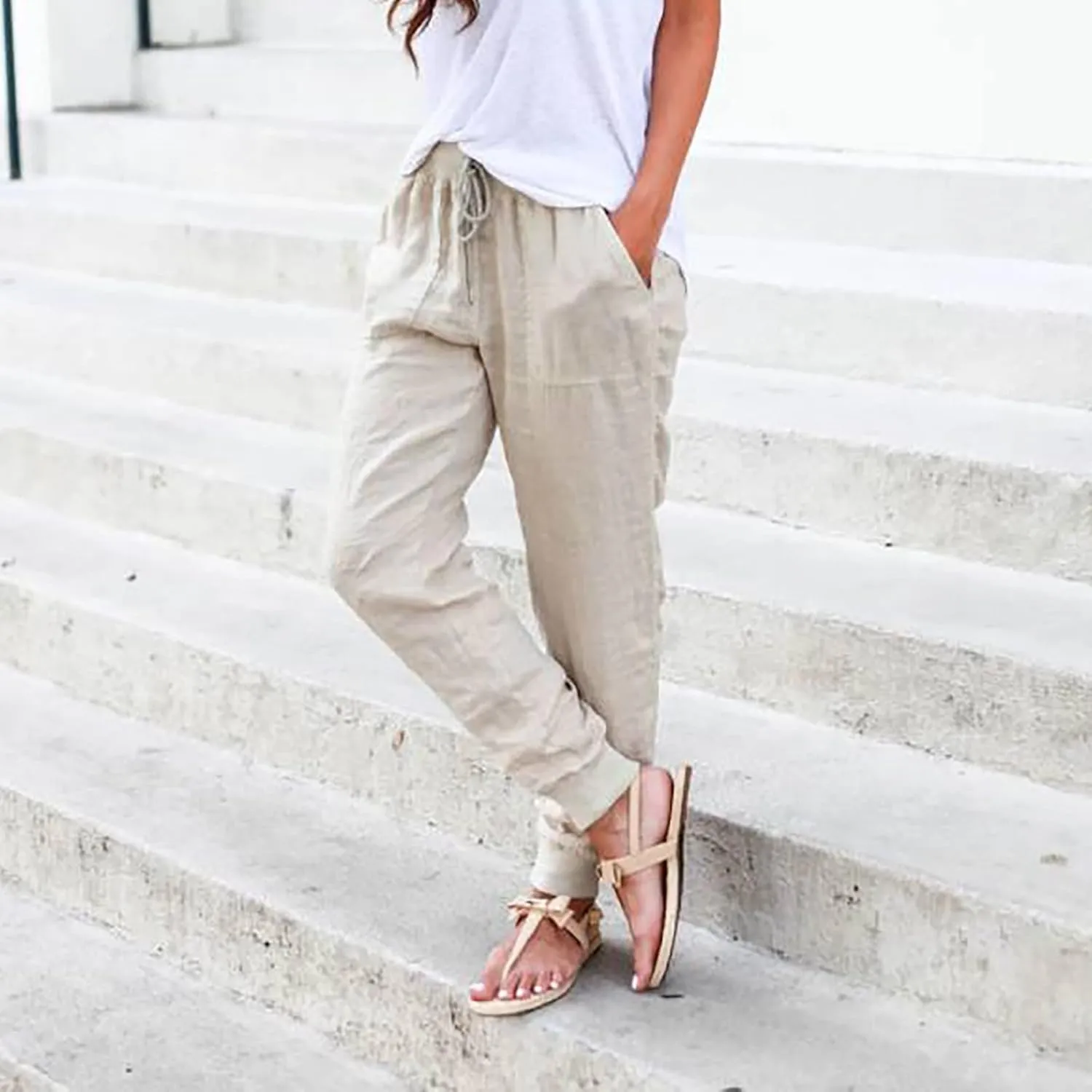 Linen Pants for Women Casual 2024 Summer Drawstring Elastic High Waist Palazzo Pants Straight Wide Leg Lounge