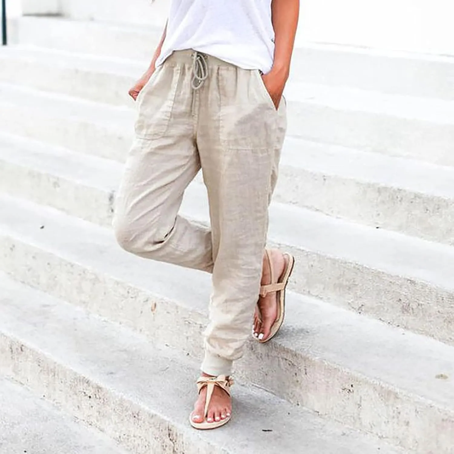 Linen Pants for Women Casual 2024 Summer Drawstring Elastic High Waist Palazzo Pants Straight Wide Leg Lounge