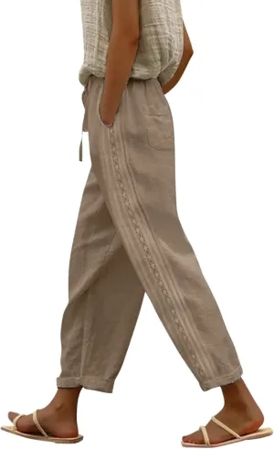 Linen Pants for Women, Casual Pants Peasant Straight Leg Linen Trendy Elastic