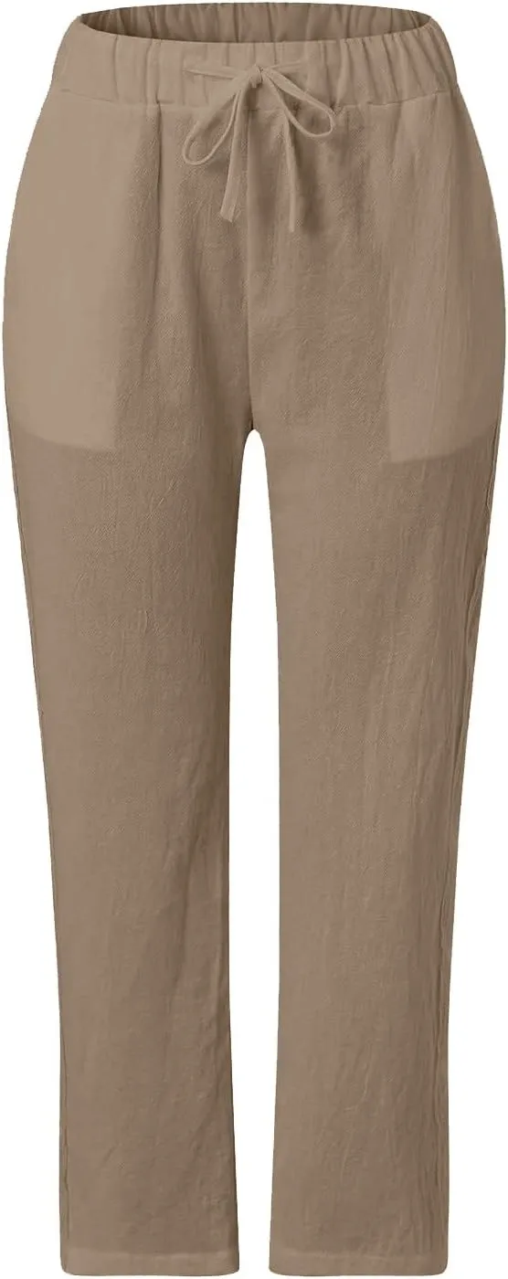 Linen Pants for Women, Casual Pants Peasant Straight Leg Linen Trendy Elastic
