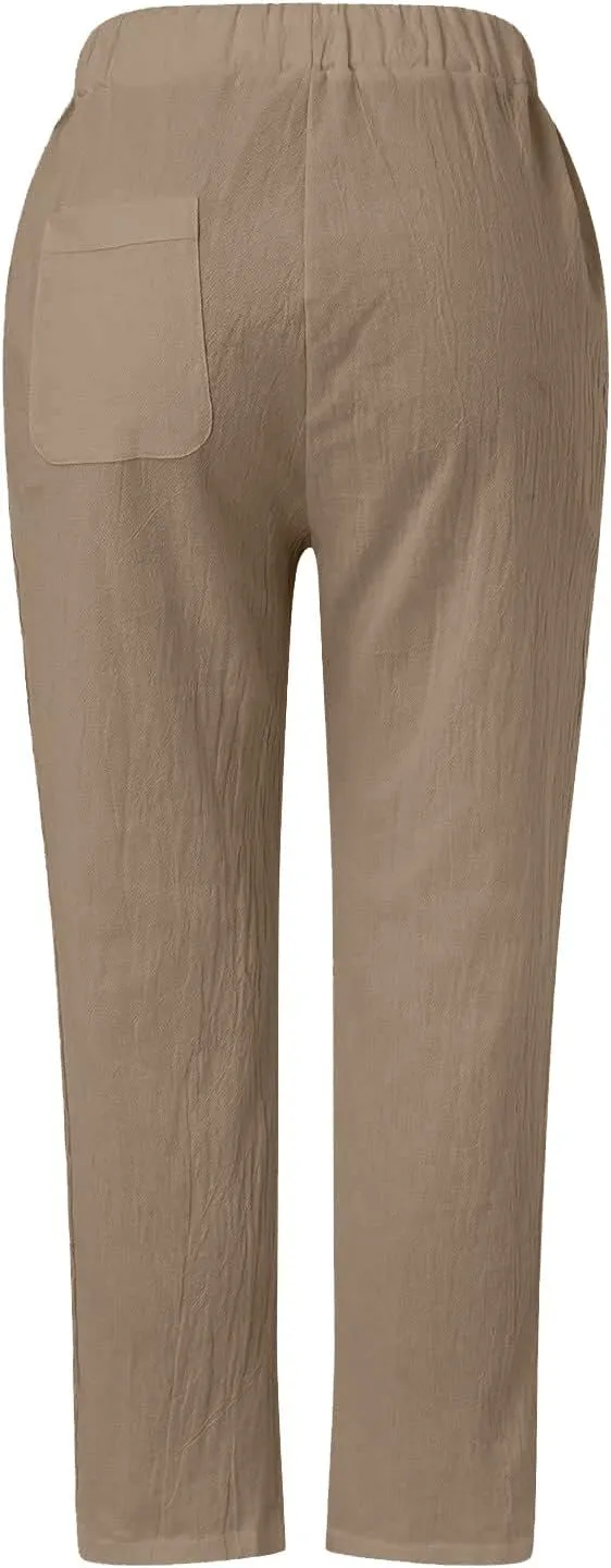 Linen Pants for Women, Casual Pants Peasant Straight Leg Linen Trendy Elastic