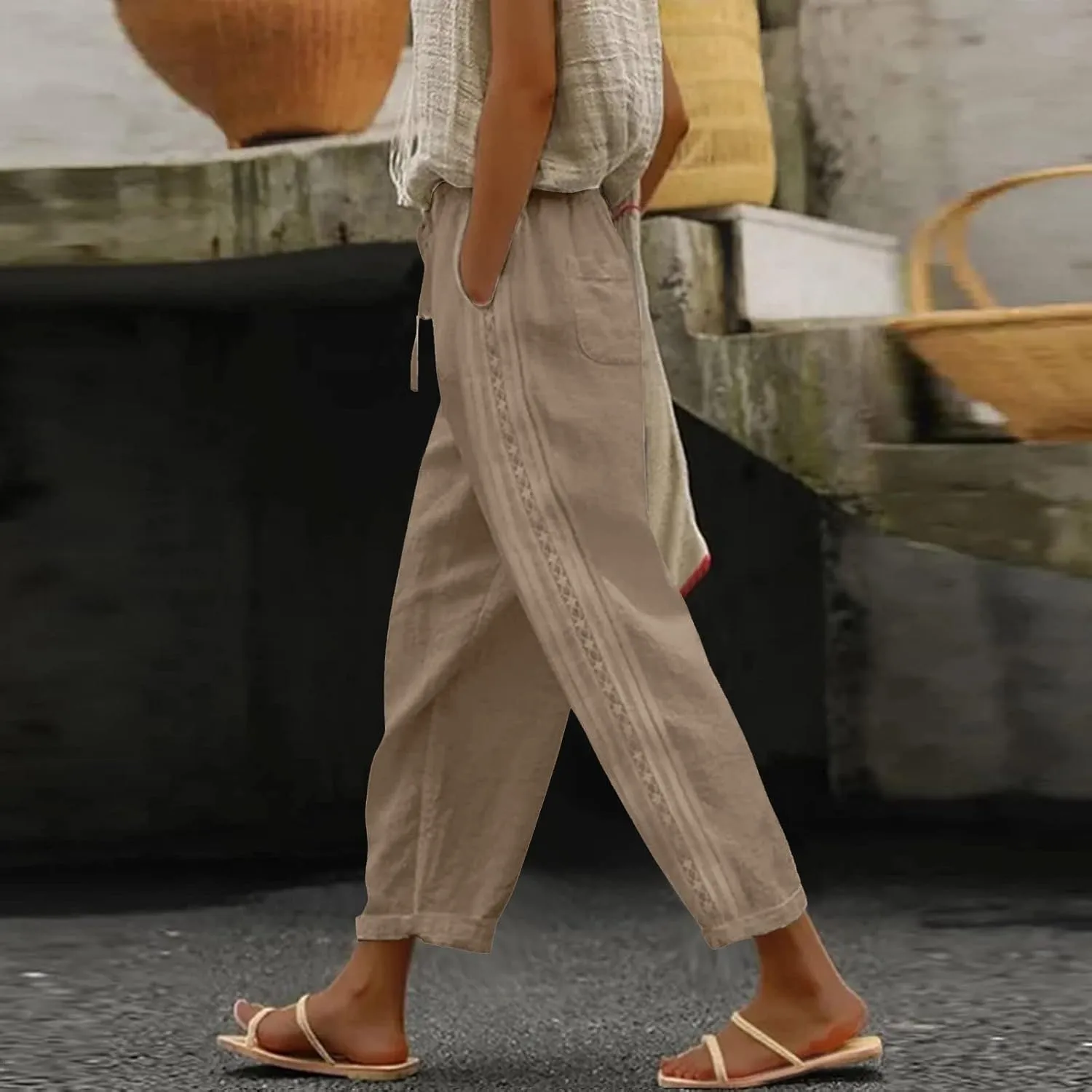 Linen Pants for Women, Casual Pants Peasant Straight Leg Linen Trendy Elastic
