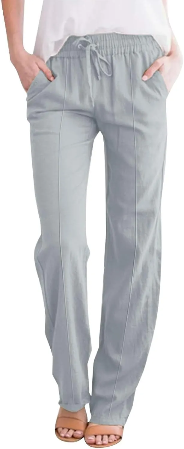 Linen Pants for Women Elastic High Waisted Straight Leg Trousers Pants Loose Casual Summer Dress Pants with Pockets