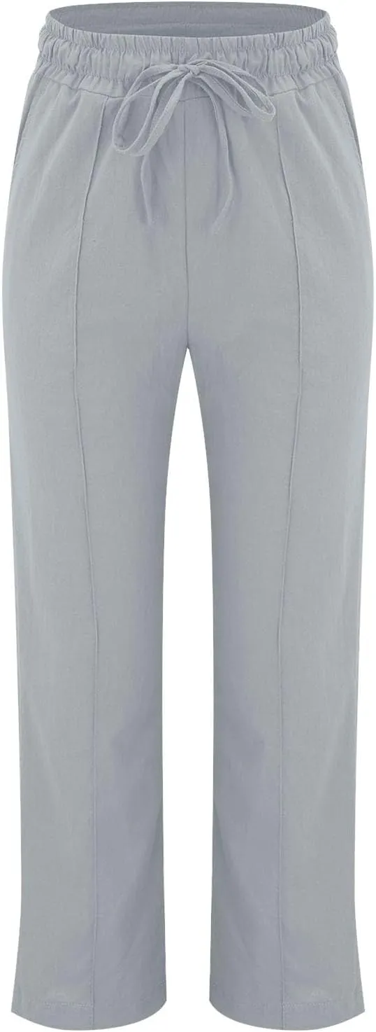 Linen Pants for Women Elastic High Waisted Straight Leg Trousers Pants Loose Casual Summer Dress Pants with Pockets