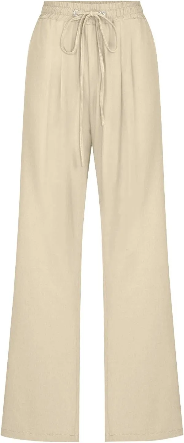 Linen Pants for Women Pleated High Waist Drawstring Comfy Casual Pants Lightweight Loose Trousers with Pockets