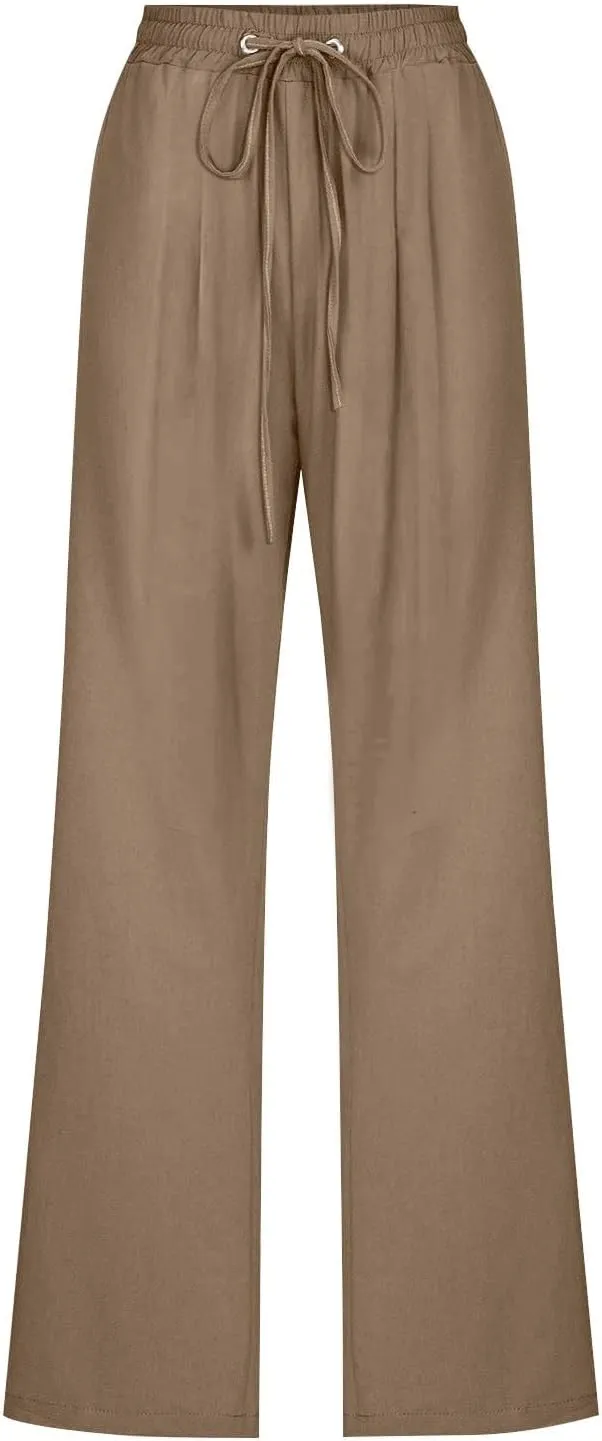 Linen Pants for Women Pleated High Waist Drawstring Comfy Casual Pants Lightweight Loose Trousers with Pockets