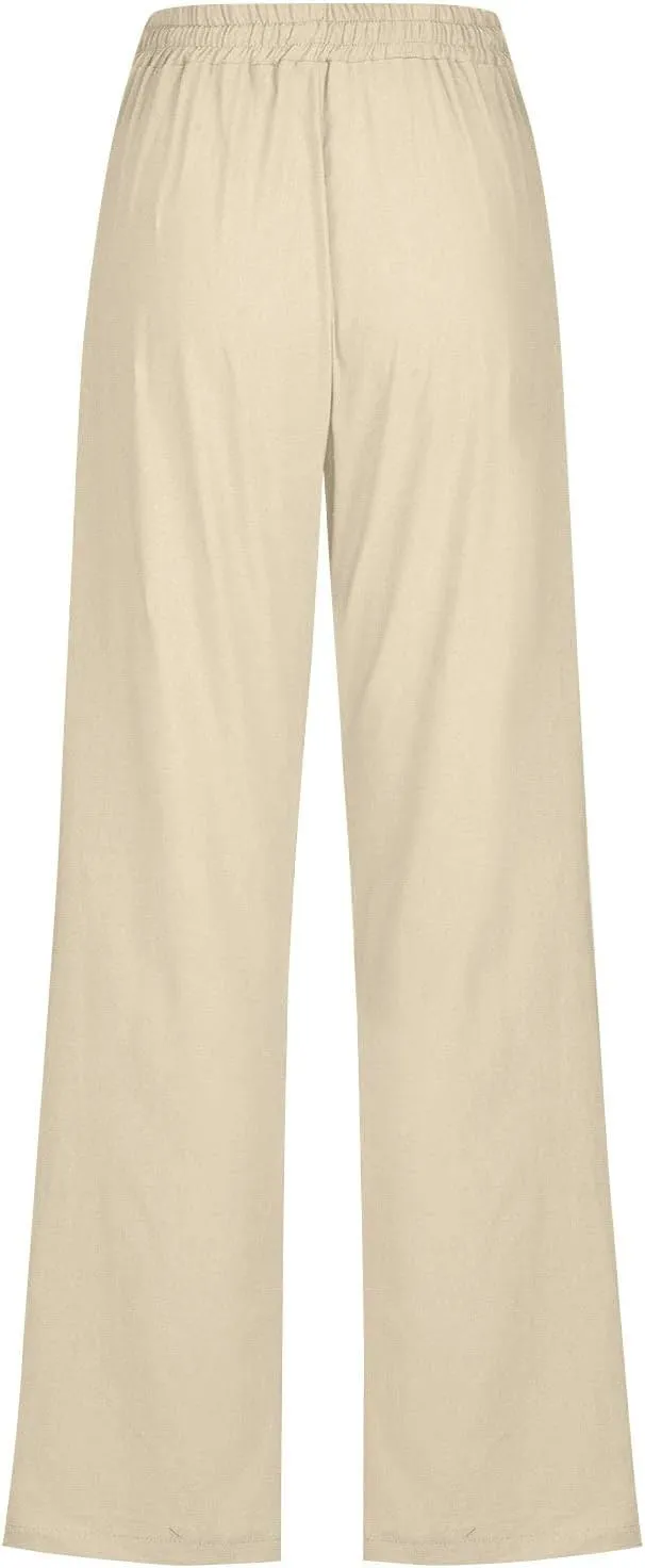Linen Pants for Women Pleated High Waist Drawstring Comfy Casual Pants Lightweight Loose Trousers with Pockets