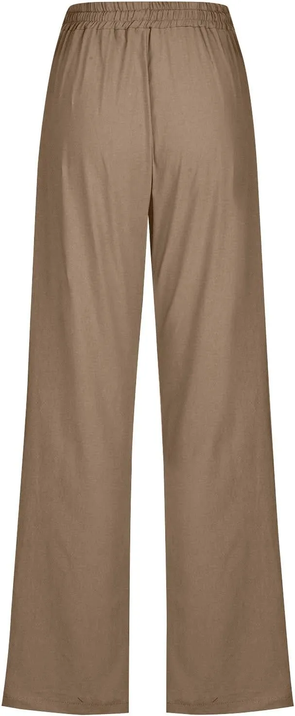 Linen Pants for Women Pleated High Waist Drawstring Comfy Casual Pants Lightweight Loose Trousers with Pockets