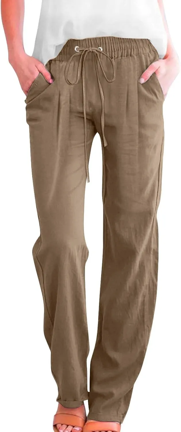 Linen Pants for Women Pleated High Waist Drawstring Comfy Casual Pants Lightweight Loose Trousers with Pockets