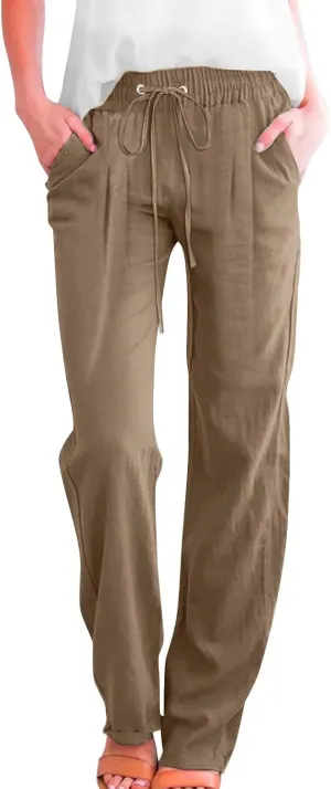 Linen Pants for Women Pleated High Waist Drawstring Comfy Casual Pants Lightweight Loose Trousers with Pockets