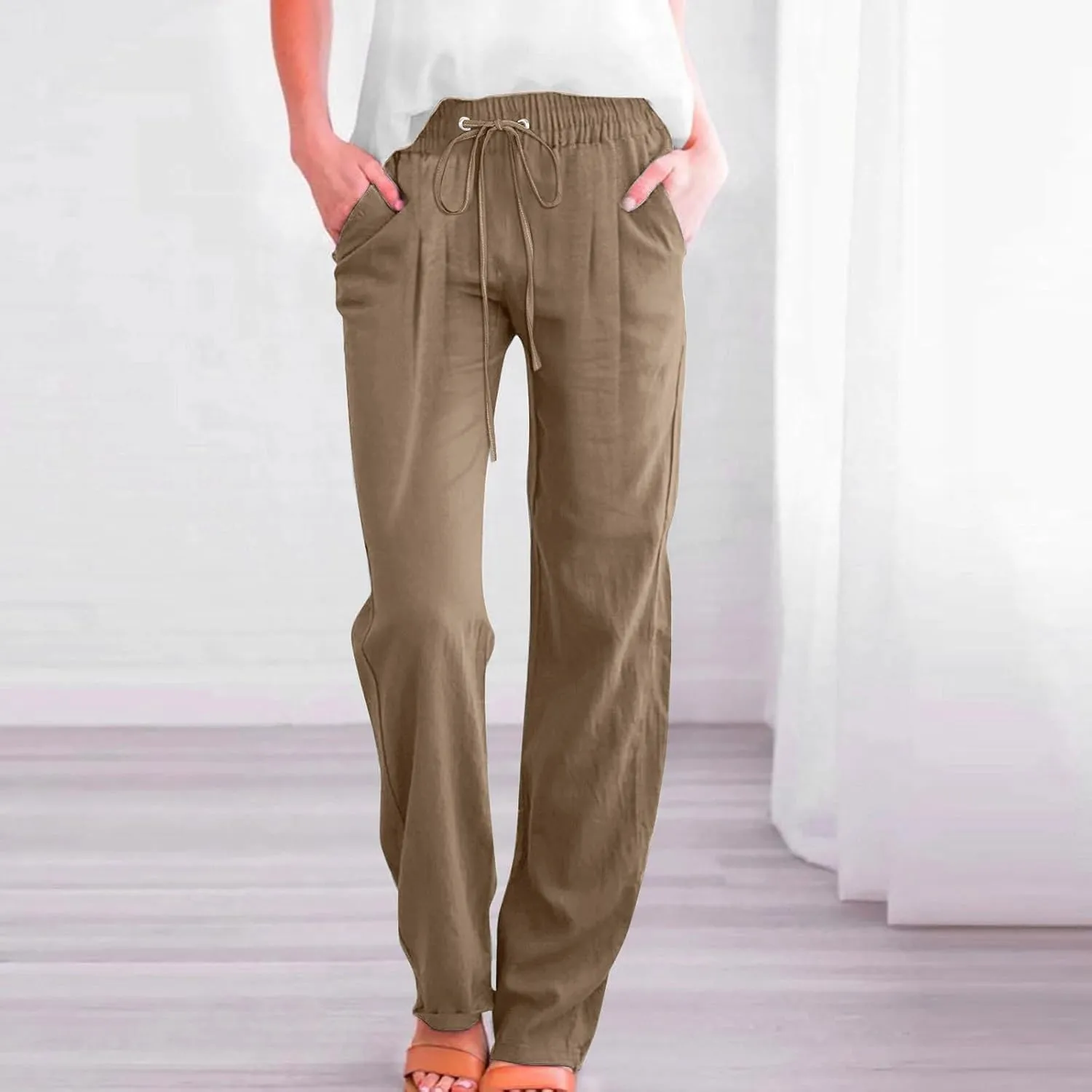 Linen Pants for Women Pleated High Waist Drawstring Comfy Casual Pants Lightweight Loose Trousers with Pockets