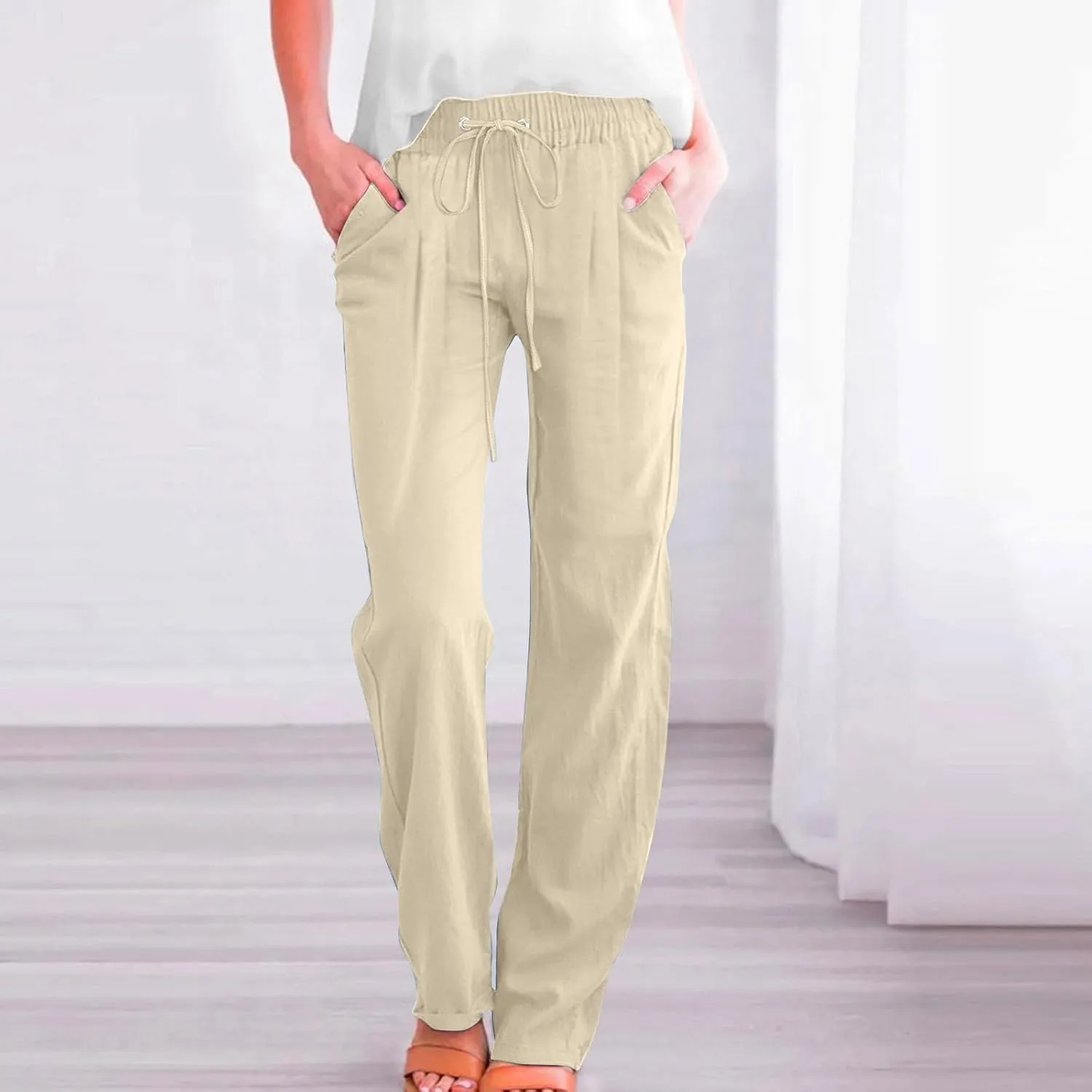 Linen Pants for Women Pleated High Waist Drawstring Comfy Casual Pants Lightweight Loose Trousers with Pockets