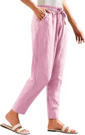 Linen Pants for Women Summer Beach Lounge Elastic Drawstring Casual Trousers with Pockets Travel Vacation