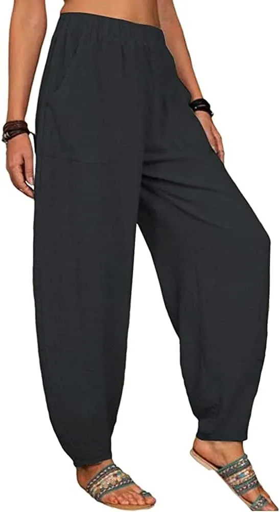 Linen Pants for Women Wide Leg High Waisted Drawstring Trousers Summer Casual Loose Trendy Beach Pants with Pockets