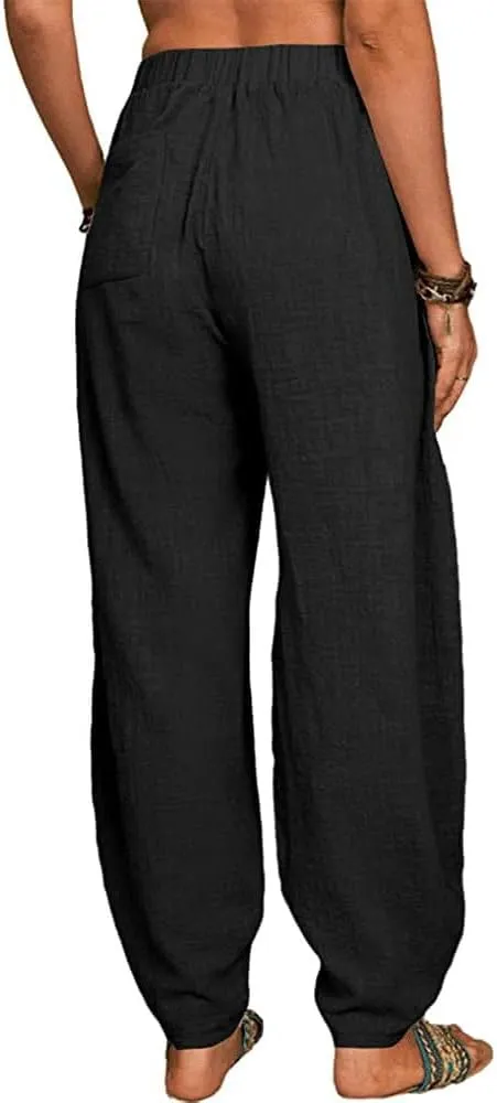 Linen Pants for Women Wide Leg High Waisted Drawstring Trousers Summer Casual Loose Trendy Beach Pants with Pockets