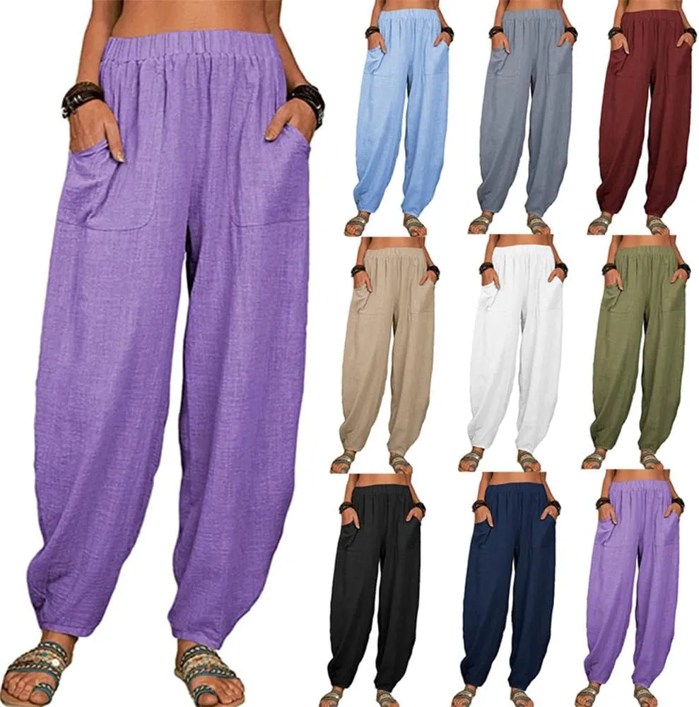 Linen Pants for Women Wide Leg High Waisted Drawstring Trousers Summer Casual Loose Trendy Beach Pants with Pockets