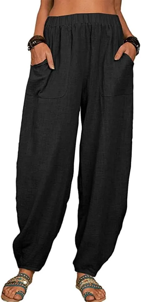 Linen Pants for Women Wide Leg High Waisted Drawstring Trousers Summer Casual Loose Trendy Beach Pants with Pockets