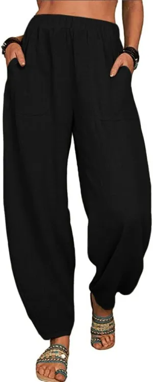 Linen Pants for Women Wide Leg High Waisted Drawstring Trousers Summer Casual Loose Trendy Beach Pants with Pockets