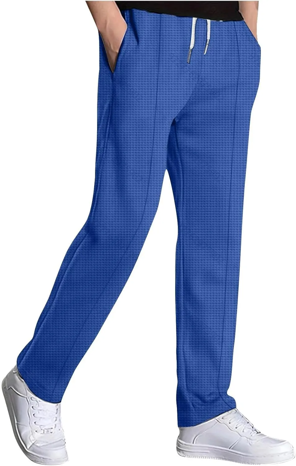 Linen Pants Men Casual Straight-Legs Waffle Knitted Pants with Pockets Loose Fit Summer Yoga Beach Trousers