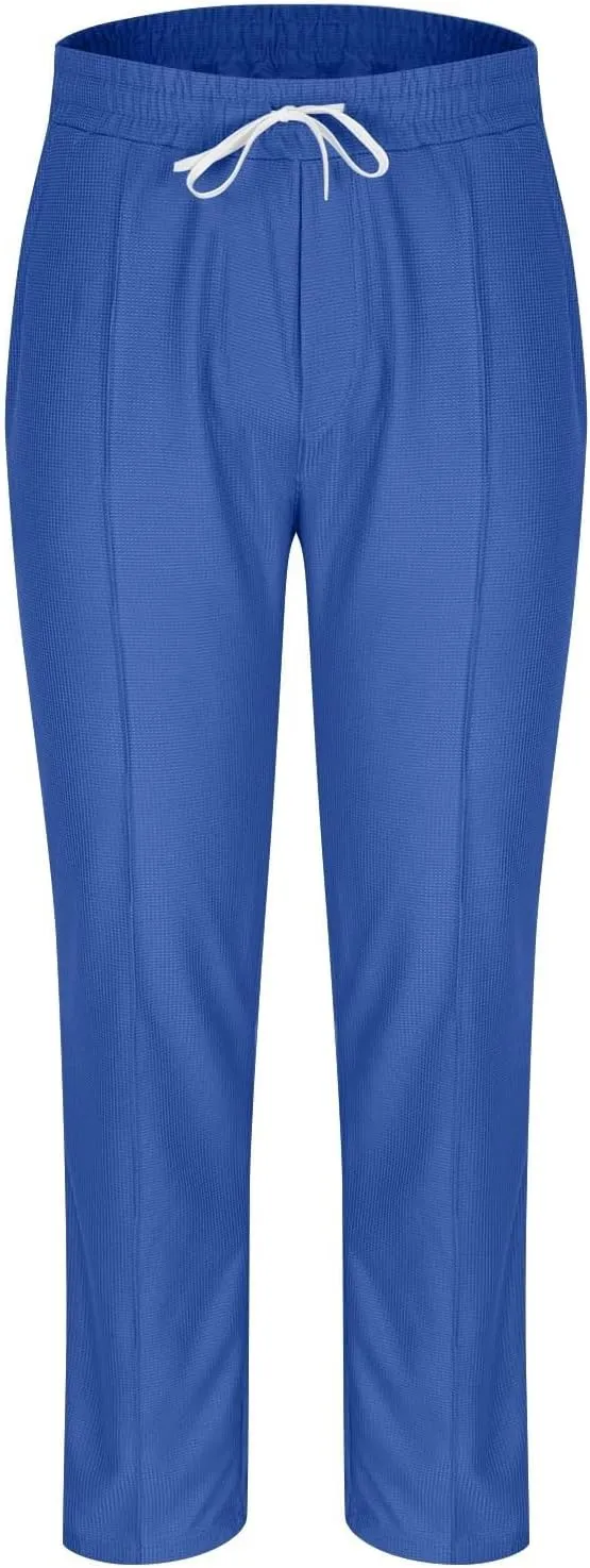 Linen Pants Men Casual Straight-Legs Waffle Knitted Pants with Pockets Loose Fit Summer Yoga Beach Trousers