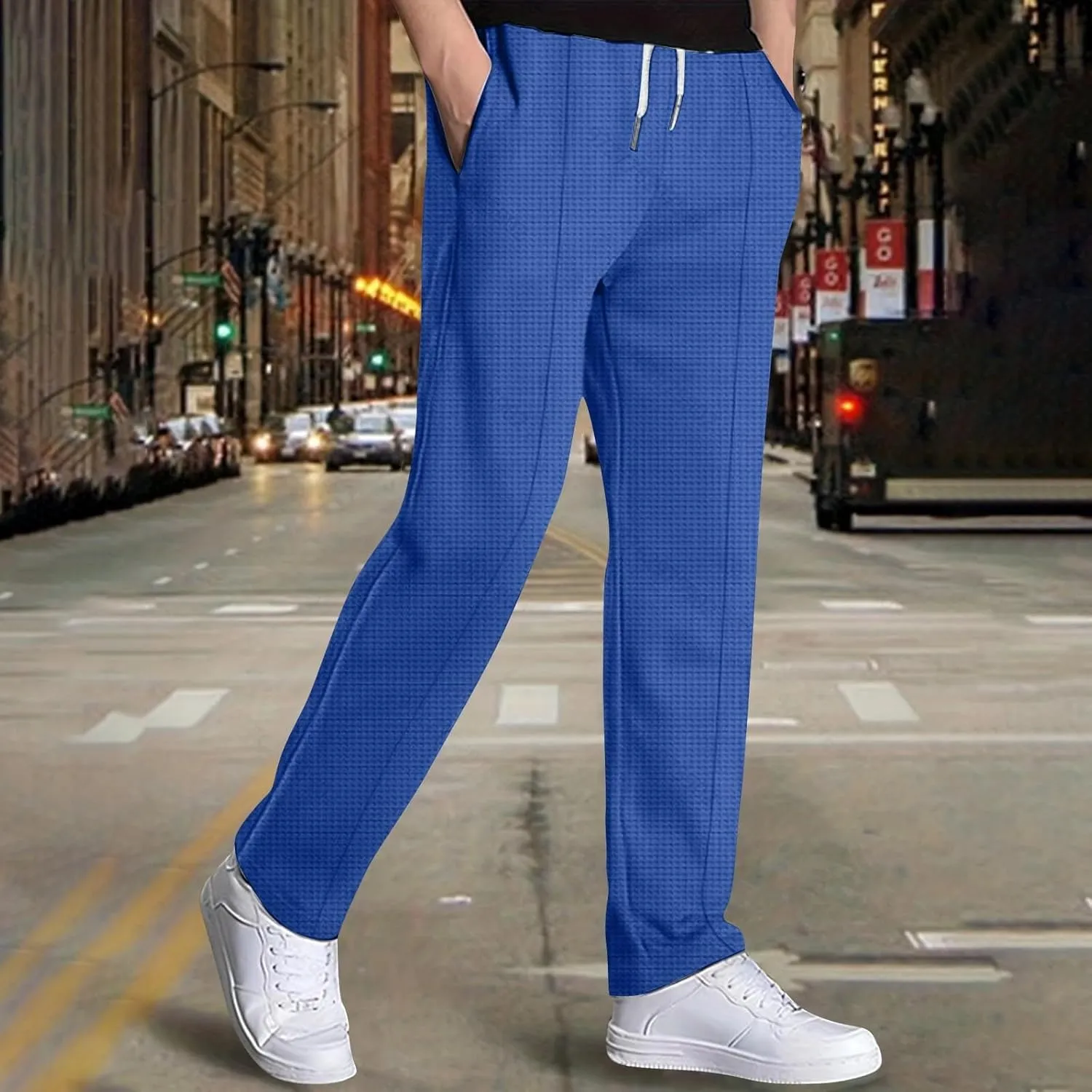 Linen Pants Men Casual Straight-Legs Waffle Knitted Pants with Pockets Loose Fit Summer Yoga Beach Trousers