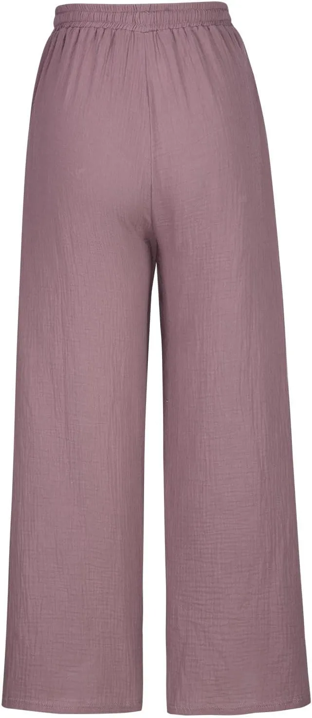 Linen Pants Women 2025 Boho Summer Wide Leg Cotton Linen Trousers Casual Flowy Elastic Waist Lightweight Palazzo