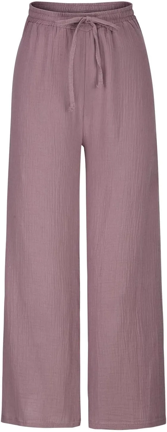 Linen Pants Women 2025 Boho Summer Wide Leg Cotton Linen Trousers Casual Flowy Elastic Waist Lightweight Palazzo